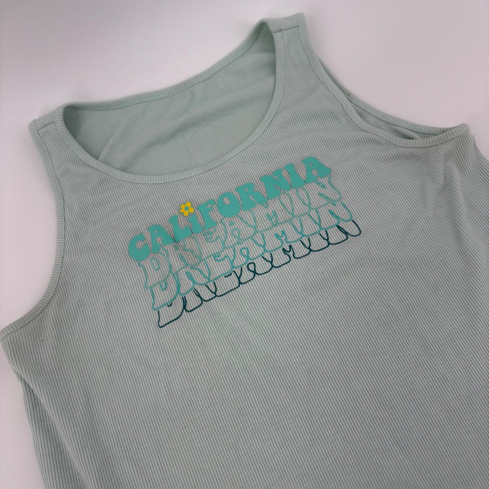 California Dreaming Ribbed Cropped Tank Top‎ Mint Green Graphic Sz S/M